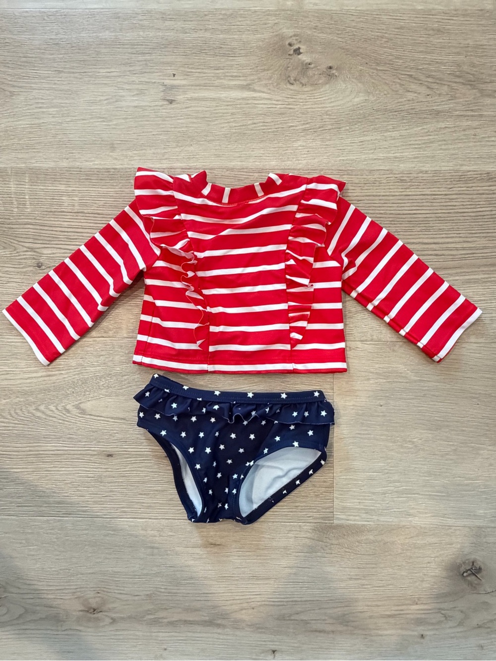 Janie and Jack Red & Navy Stripe Ruffle Rashguard Swim Set